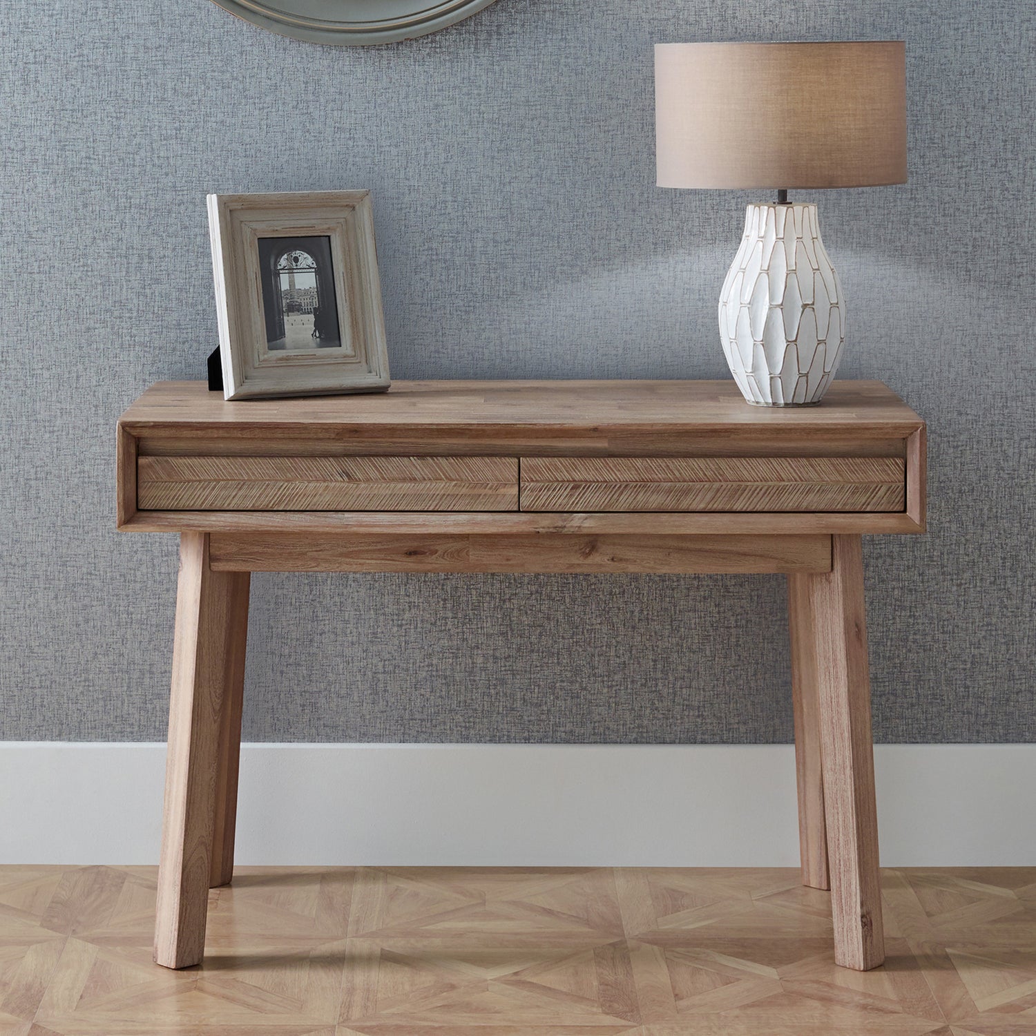 Shop this Kalmar Sand Wash Acacia Wood 2 Drawer Desk. Scandi-Inspired Design – Minimalist and modern, perfect for contemporary interiors. Shop online today at www.nobleandnook.co.uk