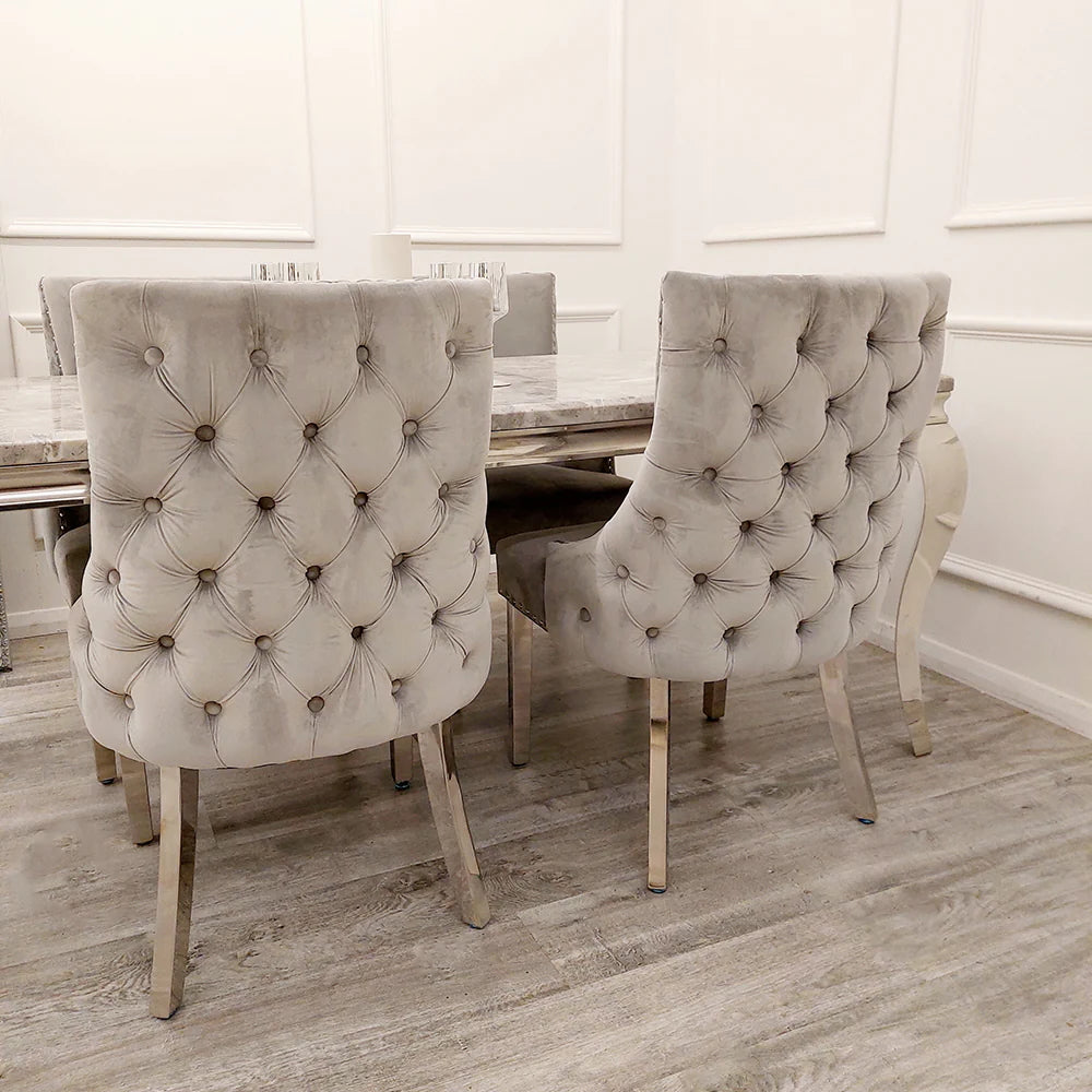 Elevate your dining experience with this exquisite pair of Kensington Velvet Dining Chairs in Beige. Perfect for modern and classic interiors alike. Shop online today at www.nobleandnook.co.uk