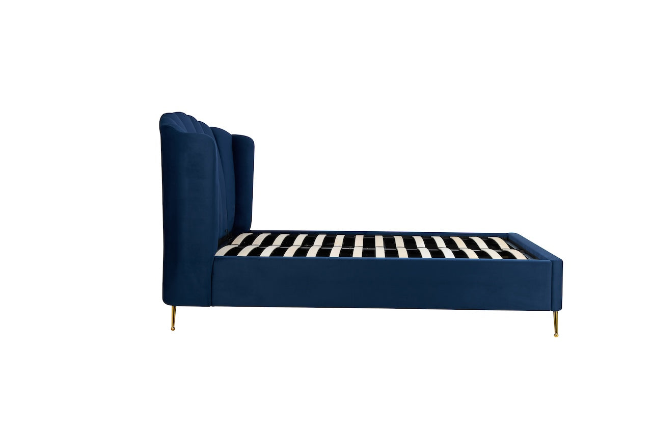 Shop the Lottie Ottoman Bed featuring a pleated and gently winged headboard that adds an elegant art deco touch and is enhanced to by the slim brushed gold feet. Shop online today at www.nobleandnook.co.uk