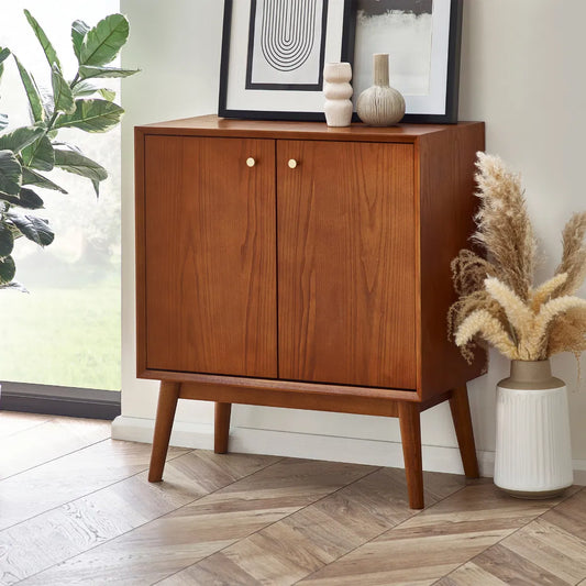 Lowry Small Sideboard – Retro Cherry Ash Veneer Cabinet with Gold Detailing