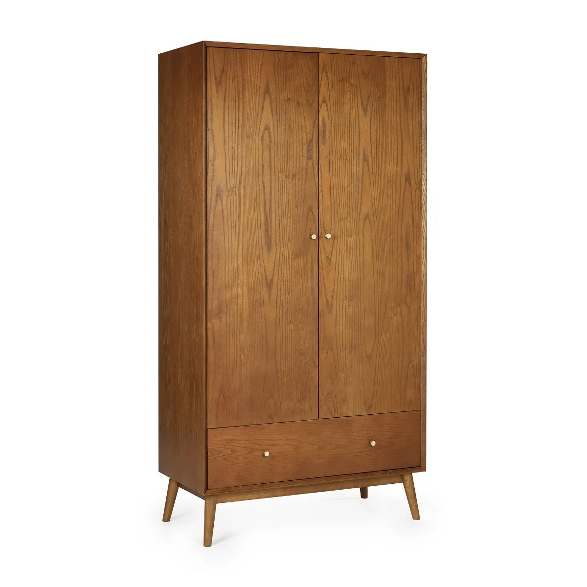 Shop the gorgeous retro-inspired Lowry double wardrobe with lower drawer, constructed from exquisite cherry ash wood. A perfect timeless staple to any bedroom space. Shop online now at www.nobleandnook.co.uk