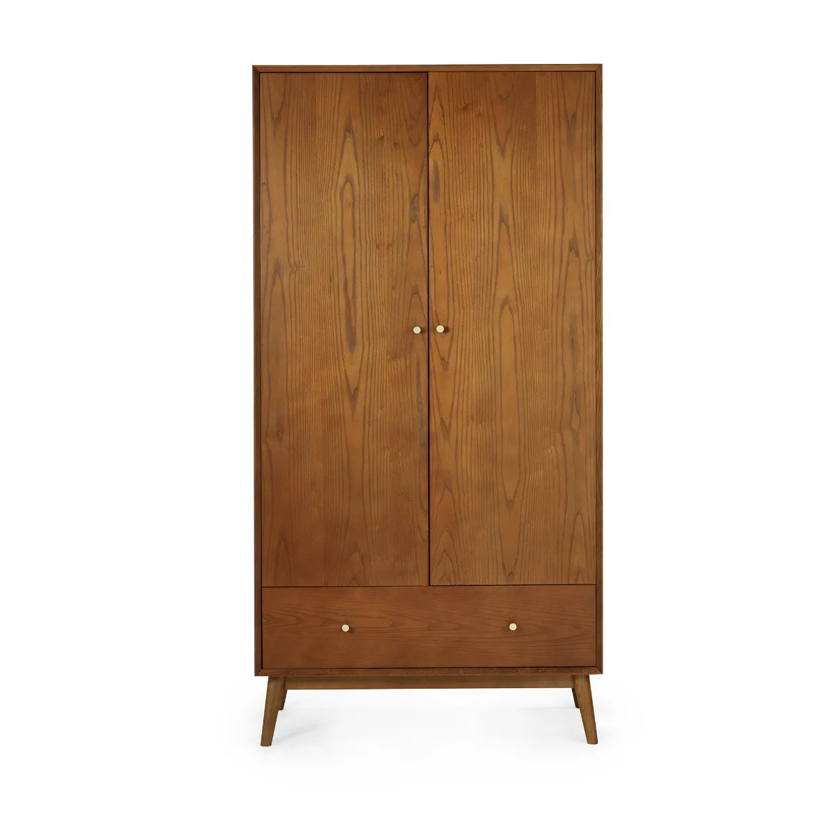 Shop the gorgeous retro-inspired Lowry double wardrobe with lower drawer, constructed from exquisite cherry ash wood. A perfect timeless staple to any bedroom space. Shop online now at www.nobleandnook.co.uk