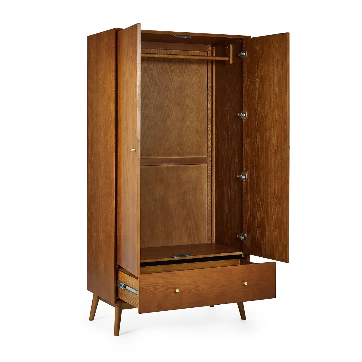 Shop the gorgeous retro-inspired Lowry double wardrobe with lower drawer, constructed from exquisite cherry ash wood. A perfect timeless staple to any bedroom space. Shop online now at www.nobleandnook.co.uk