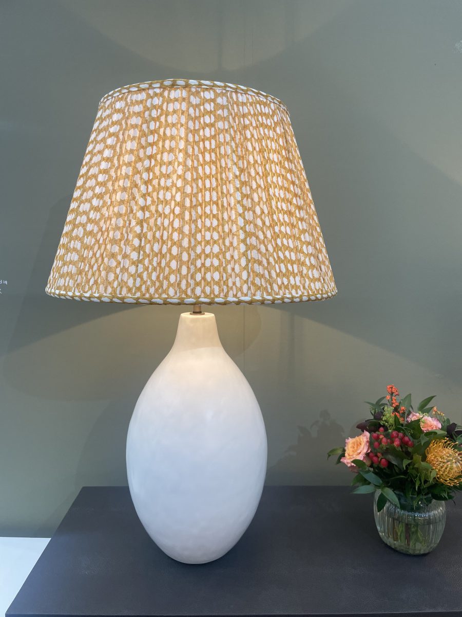 The Large Round Gesso Lamp - W46xD46xH88cm. A beautifully tactile gesso finish. Perfect for making a refined statement in living rooms, bedrooms, or hallways. Available at www.nobleandnook.co.uk