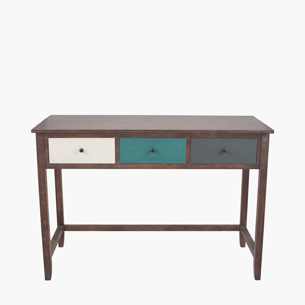 Bring character and functionality to your workspace with the Loft Collection Desk with three multi-coloured drawers. A perfect addition to modern, rustic, or urban interiors. Shop online today at www.nobleandnook.co.uk