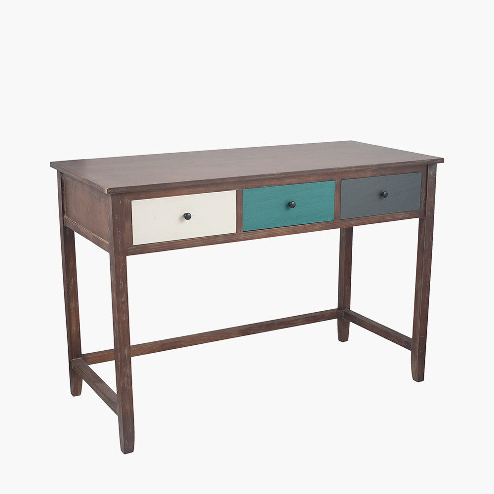 Bring character and functionality to your workspace with the Loft Collection Desk with three multi-coloured drawers. A perfect addition to modern, rustic, or urban interiors. Shop online today at www.nobleandnook.co.uk