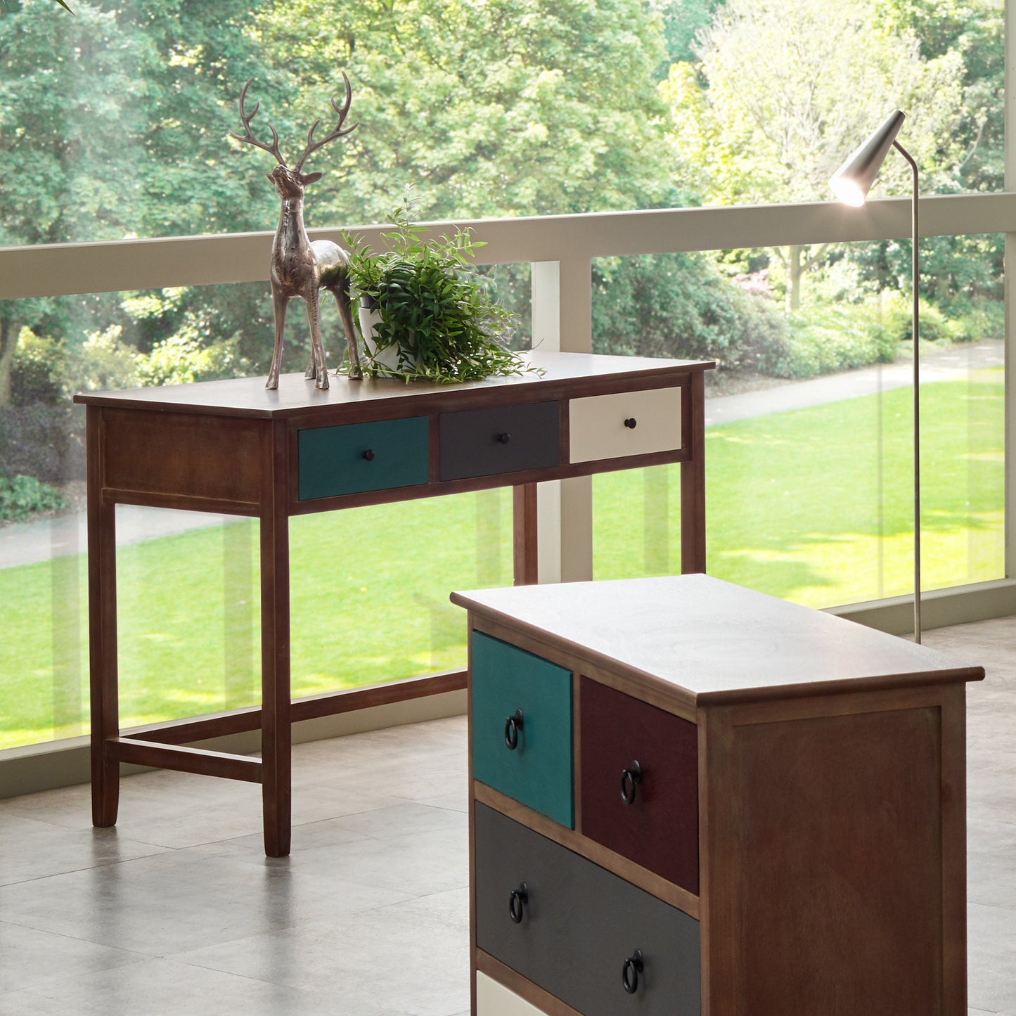 Bring character and functionality to your workspace with the Loft Collection Desk with three multi-coloured drawers. A perfect addition to modern, rustic, or urban interiors. Shop online today at www.nobleandnook.co.uk