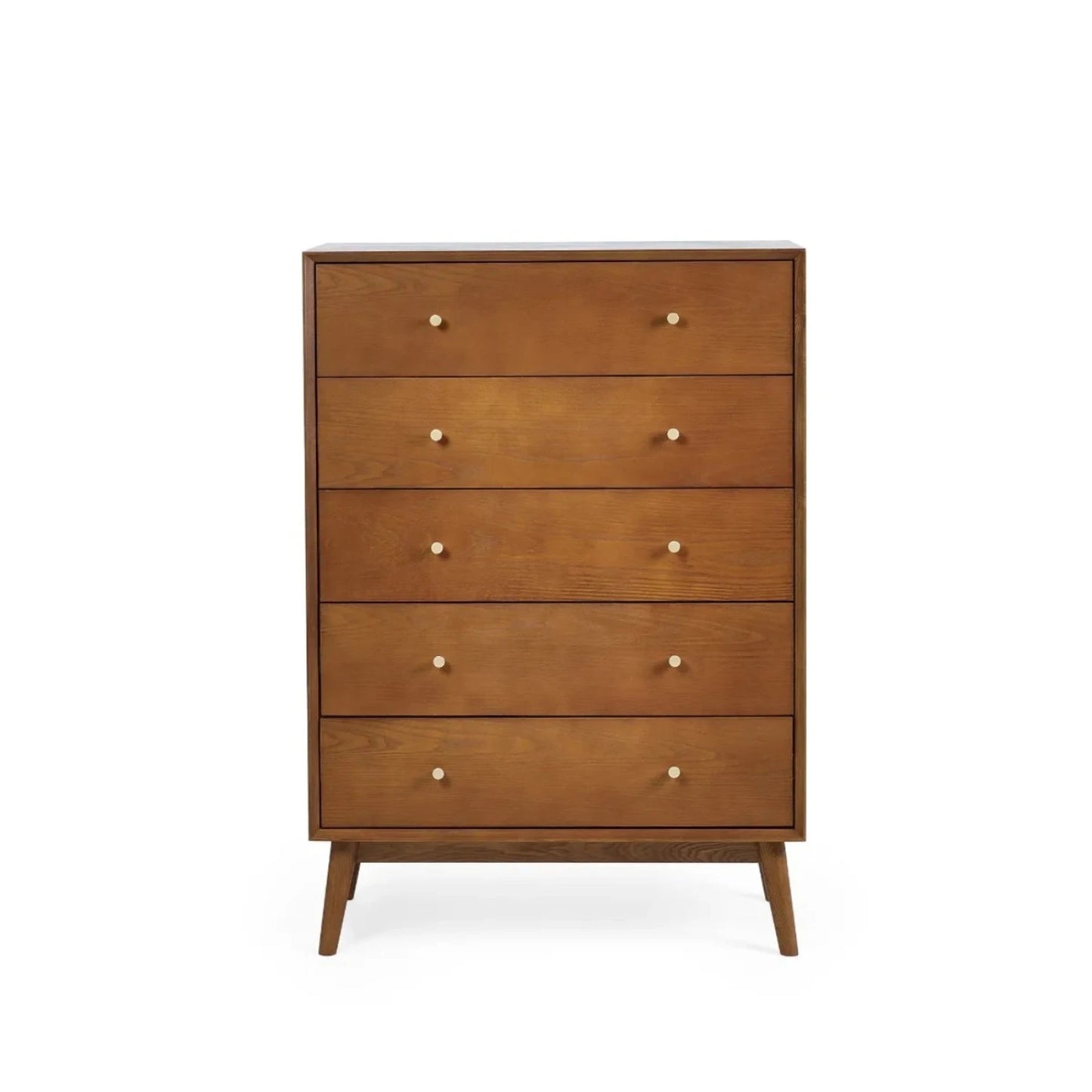 Shop the retro-inspired of the Lowry 5 Drawer Chest. A gorgeous timeless design in cherry ash wood veneer with gold handles. Shop online now at www.nobleandnook.co.uk