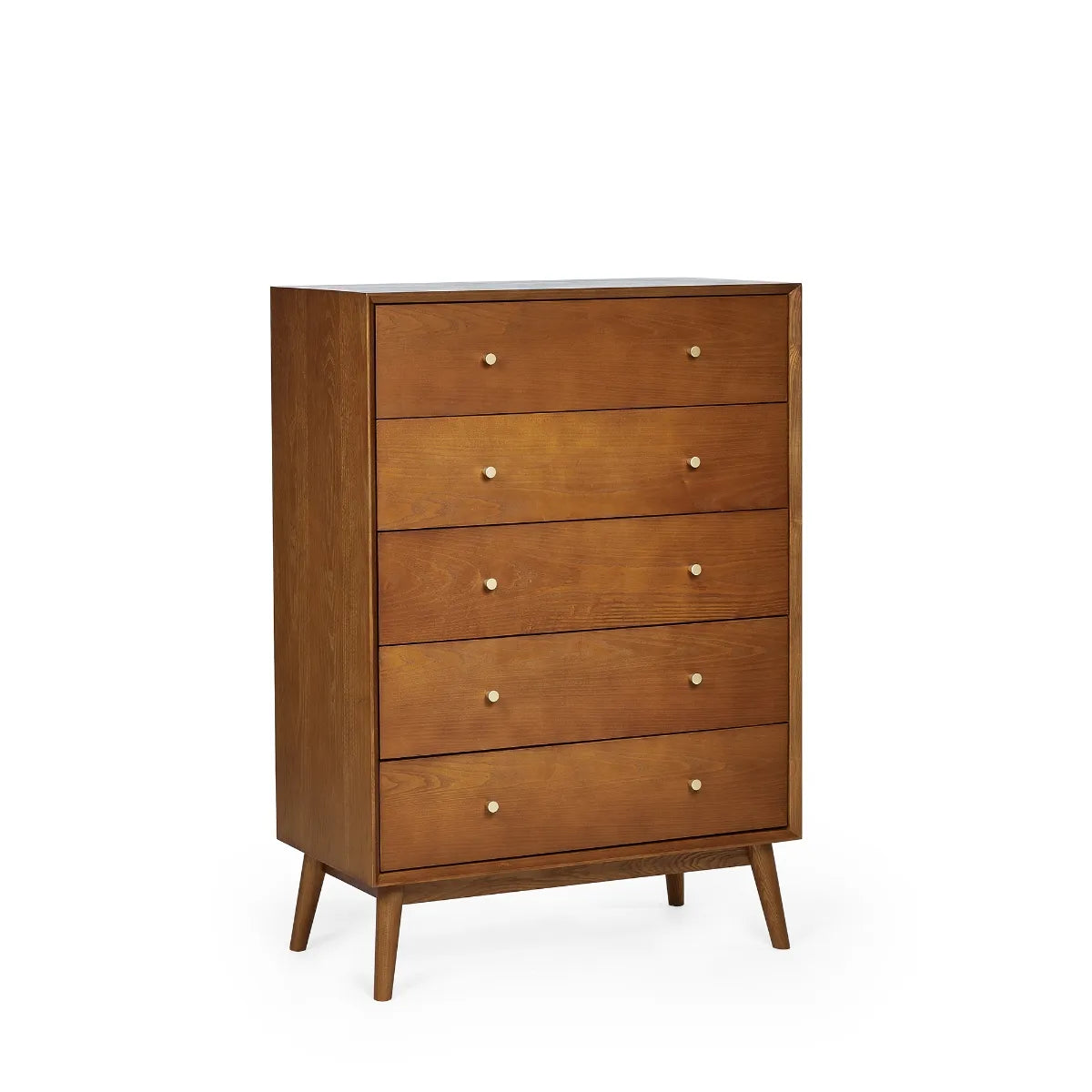 Shop the retro-inspired of the Lowry 5 Drawer Chest. A gorgeous timeless design in cherry ash wood veneer with gold handles. Shop online now at www.nobleandnook.co.uk