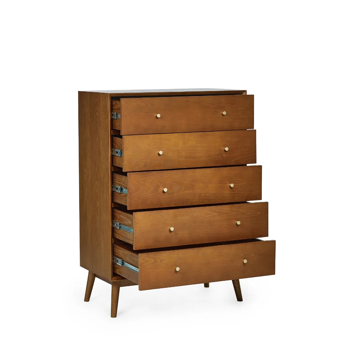 Shop the retro-inspired of the Lowry 5 Drawer Chest. A gorgeous timeless design in cherry ash wood veneer with gold handles. Shop online now at www.nobleandnook.co.uk
