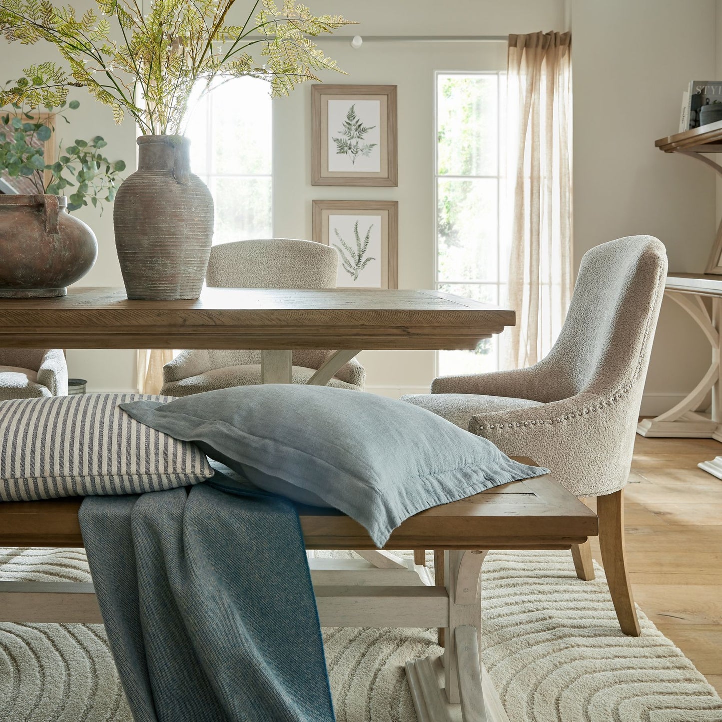 Shop the Contemporary Dining Bench, featuring a bottom painted in off-white and a top made of stained wood. FREE UK MAINLAND DELIVERY. Shop online now at www.nobleandnook.co.uk
