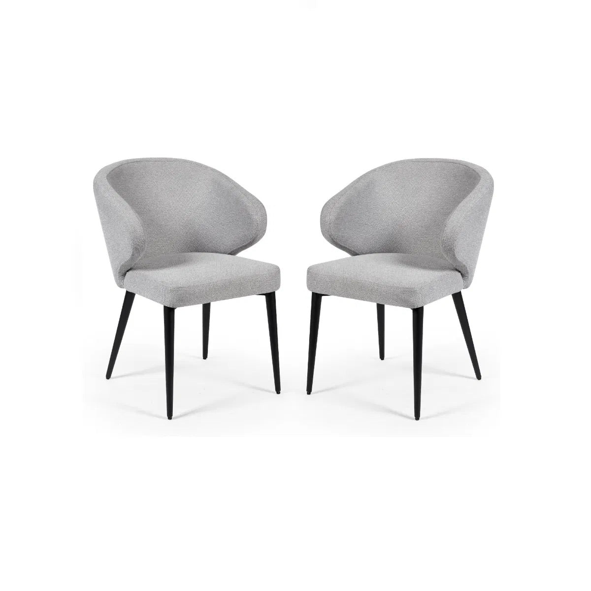 Upholstered in soft, light grey linen-effect fabric with ergonomic curved backrest and padded seat to ensure superior comfort, making them perfect for daily meals or hosting guests. www.nobleandnook.co.uk