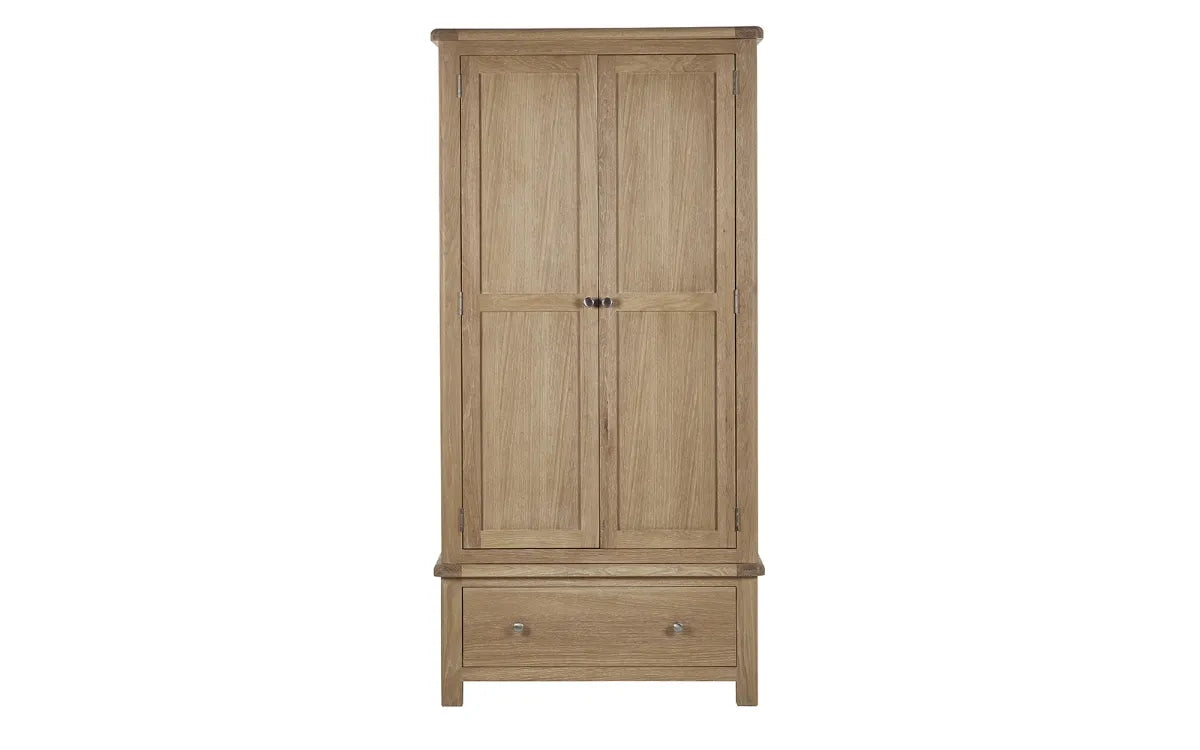 Shop the Memphis double Wardrobe with lower drawer. Finished in exquisite limed oak with gracefully curved edging, this wardrobe is a statement piece. Shop online today at www.nobleandnook.co.uk