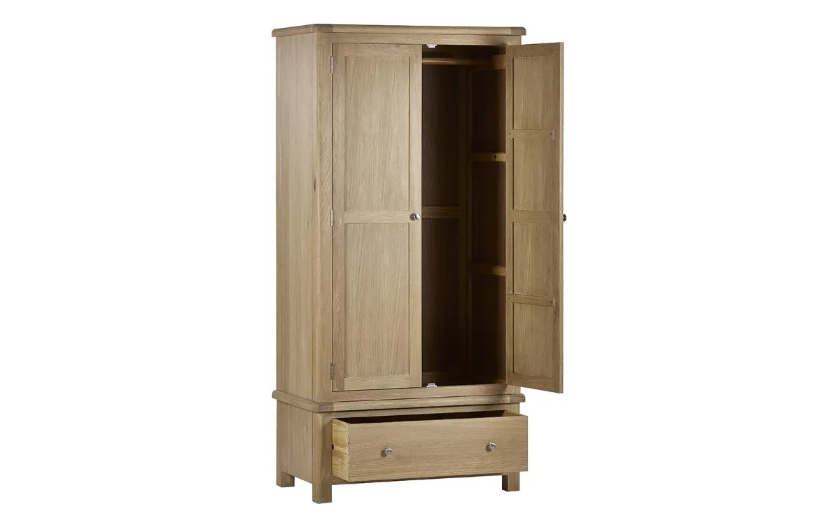 Shop the Memphis double Wardrobe with lower drawer. Finished in exquisite limed oak with gracefully curved edging, this wardrobe is a statement piece. Shop online today at www.nobleandnook.co.uk
