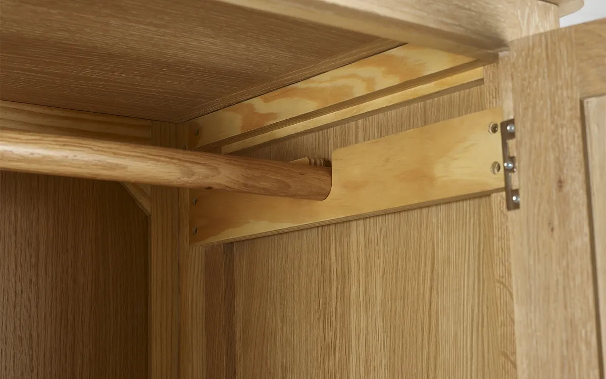 Shop the Memphis double Wardrobe with lower drawer. Finished in exquisite limed oak with gracefully curved edging, this wardrobe is a statement piece. Shop online today at www.nobleandnook.co.uk