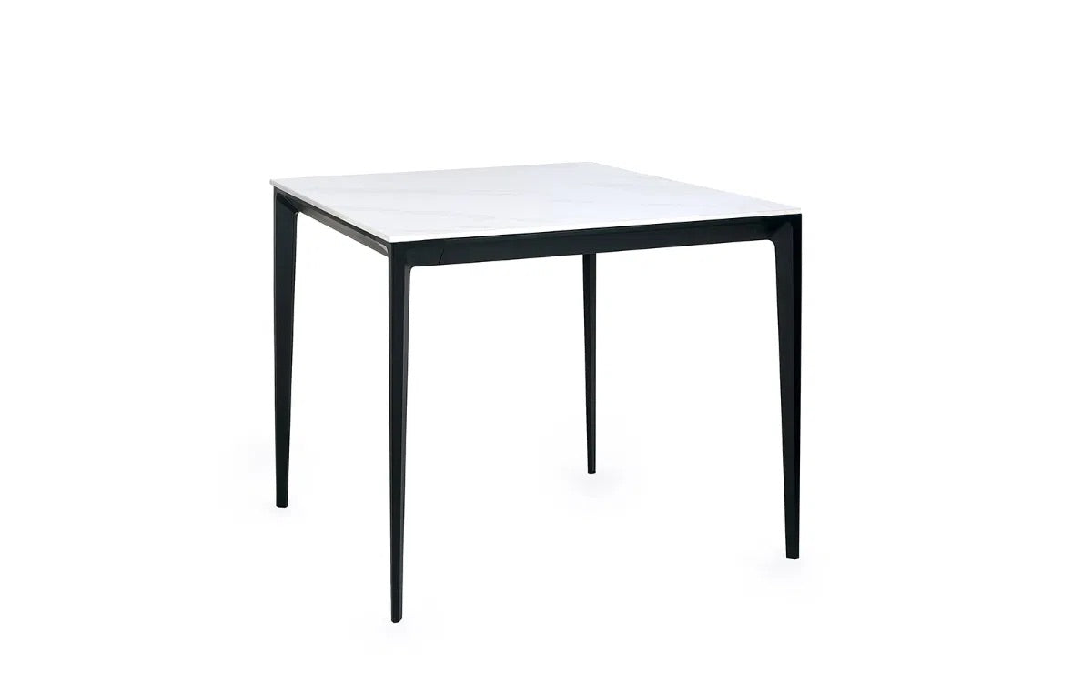 Shop the Miami Square Dining table with white marble-effect sintered stone – heat, stain and scratch resistant and black metal frame. Dimensions: H74xD80xW80cm. Shop online today at www.nobleandnook.co.uk