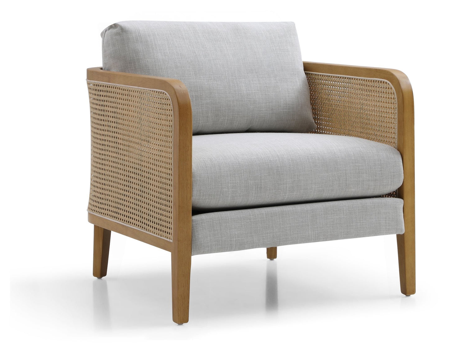 Shop the Mabel Rattan Accent Chair, a unique piece featuring a padded back and seat adorned with a bolster cushion, all resting on a stained wooden frame. Shop online now at www.nobleandnook.co.uk