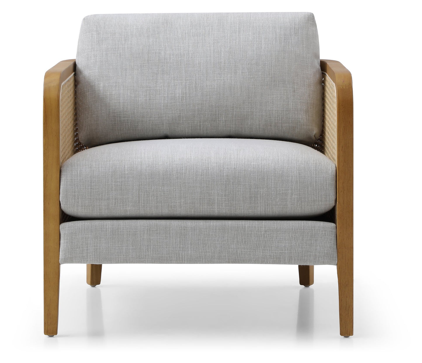Shop the Mabel Rattan Accent Chair, a unique piece featuring a padded back and seat adorned with a bolster cushion, all resting on a stained wooden frame. Shop online now at www.nobleandnook.co.uk