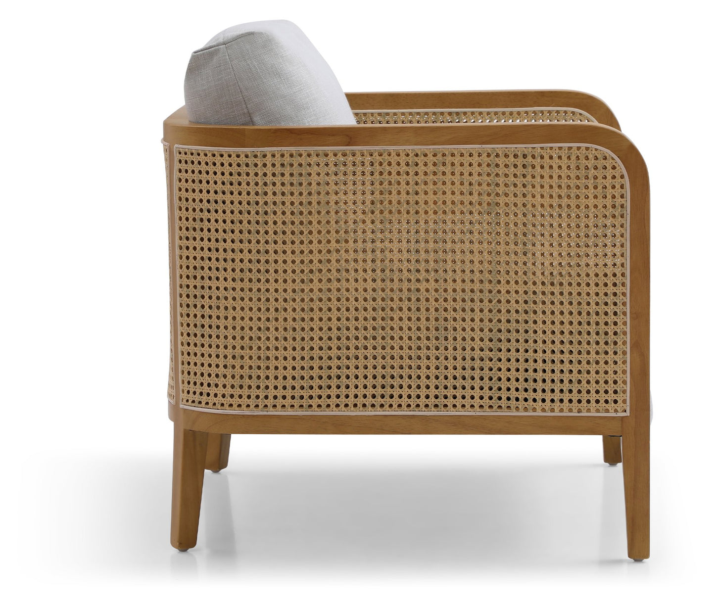 Shop the Mabel Rattan Accent Chair, a unique piece featuring a padded back and seat adorned with a bolster cushion, all resting on a stained wooden frame. Shop online now at www.nobleandnook.co.uk