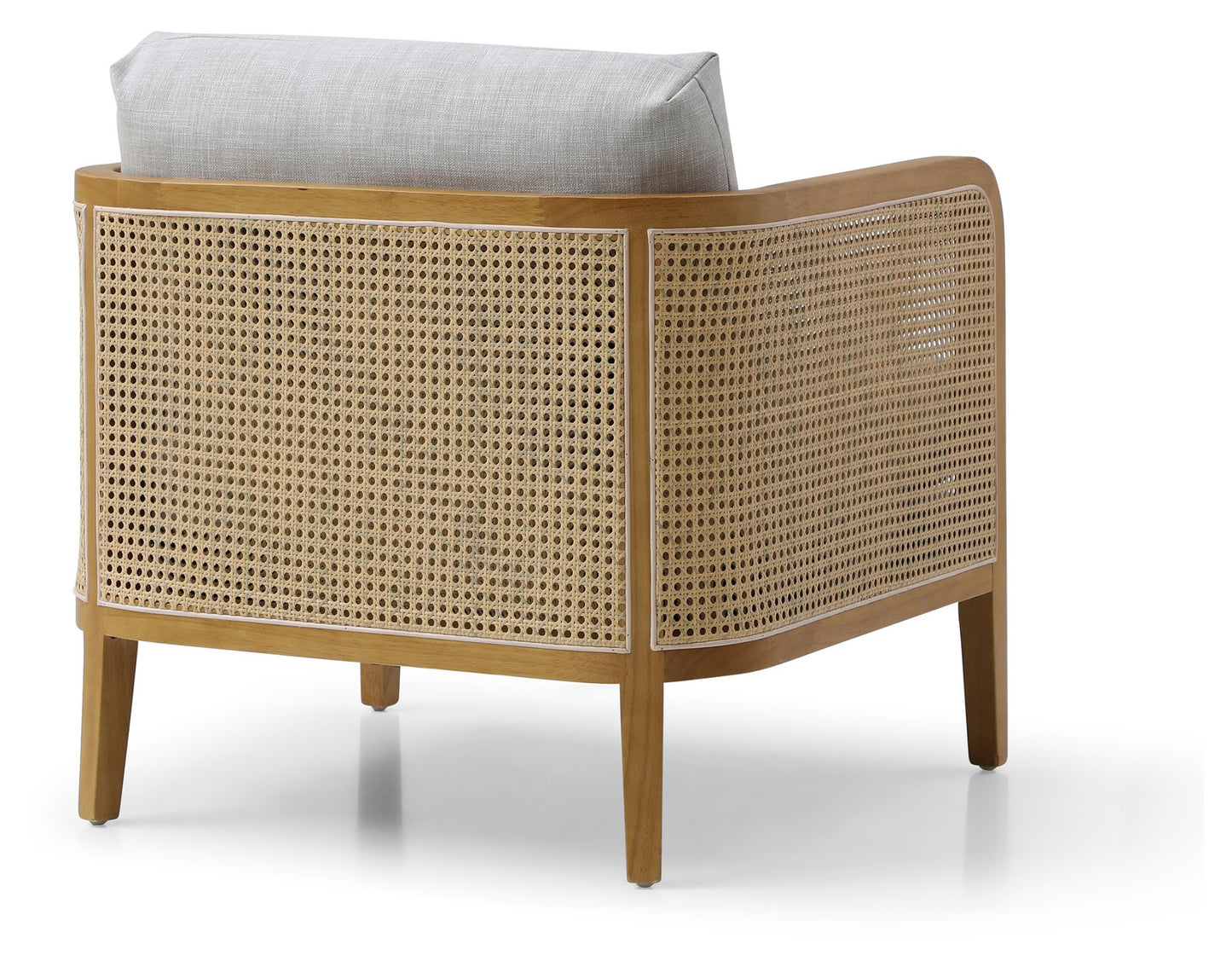 Shop the Mabel Rattan Accent Chair, a unique piece featuring a padded back and seat adorned with a bolster cushion, all resting on a stained wooden frame. Shop online now at www.nobleandnook.co.uk
