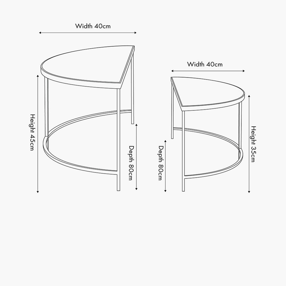 Shop the Marazzi Bevelled Glass & Black Metal Half Moon Coffee Tables, boasting a sleek black metal frame with elegant cast edging and clear, bevel-edged glass tops. Shop online now at www.nobleandnook.co.uk