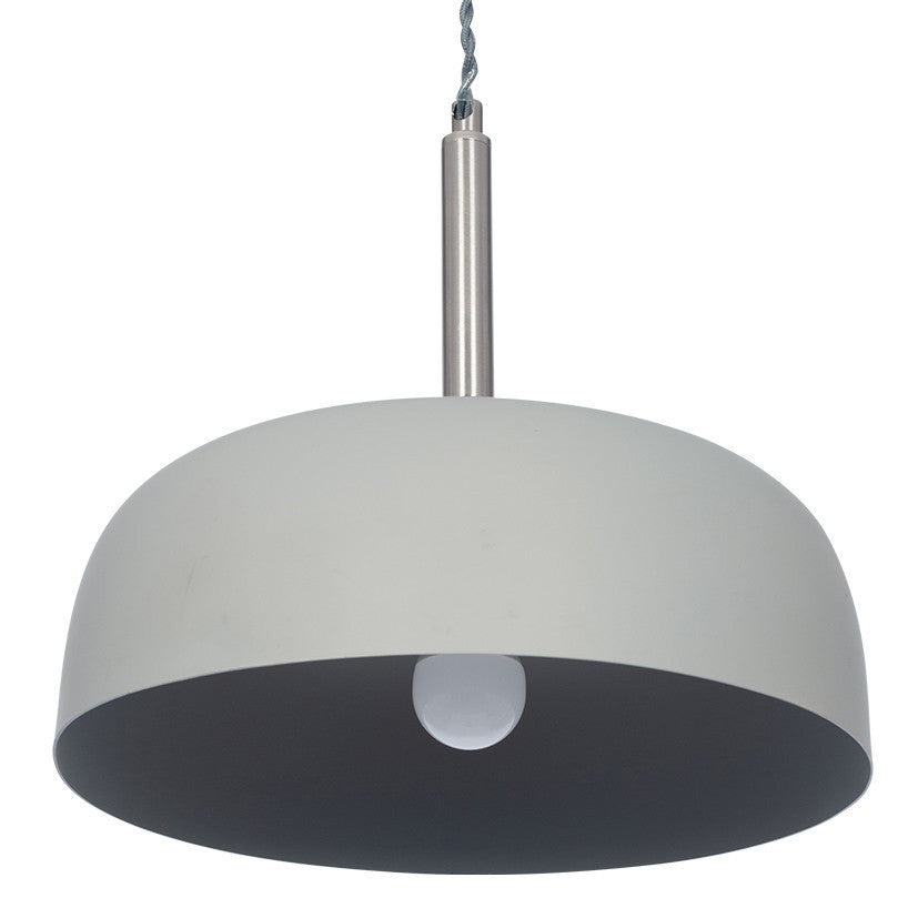 Shop this elegant pendant light featuring a simple yet refined design, with smooth curves and a matt grey finish complemented by chrome metal accents. Shop online now at www.nobleandnook.co.uk
