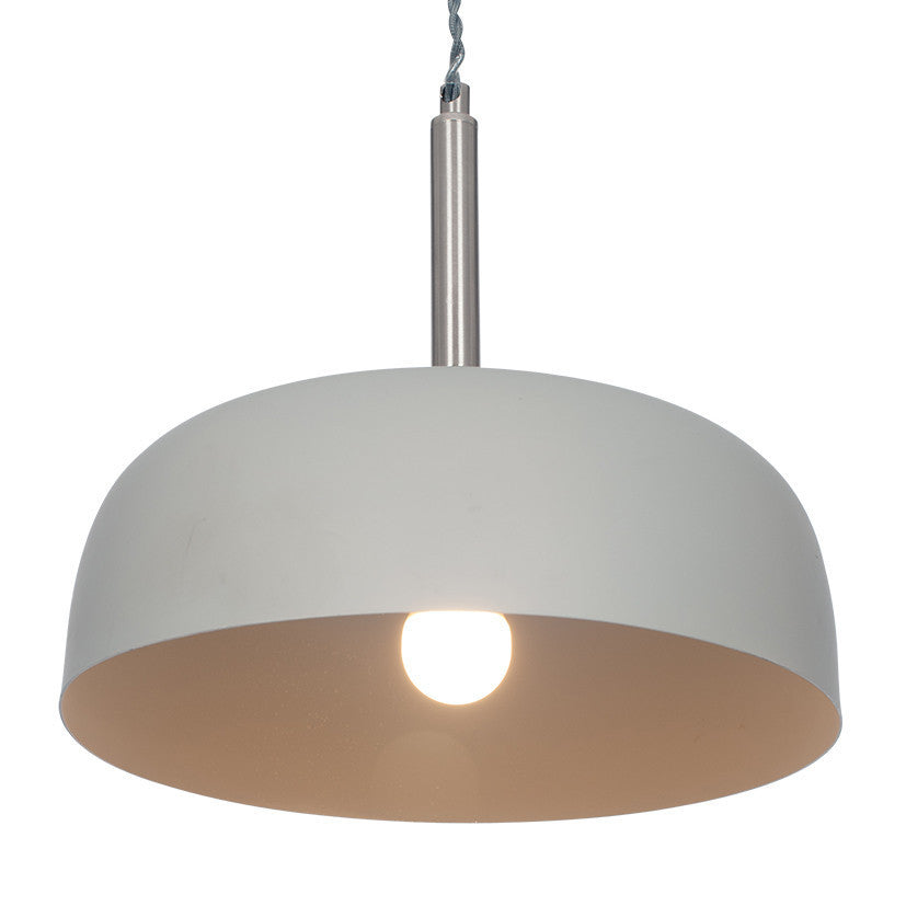 Shop this elegant pendant light featuring a simple yet refined design, with smooth curves and a matt grey finish complemented by chrome metal accents. Shop online now at www.nobleandnook.co.uk