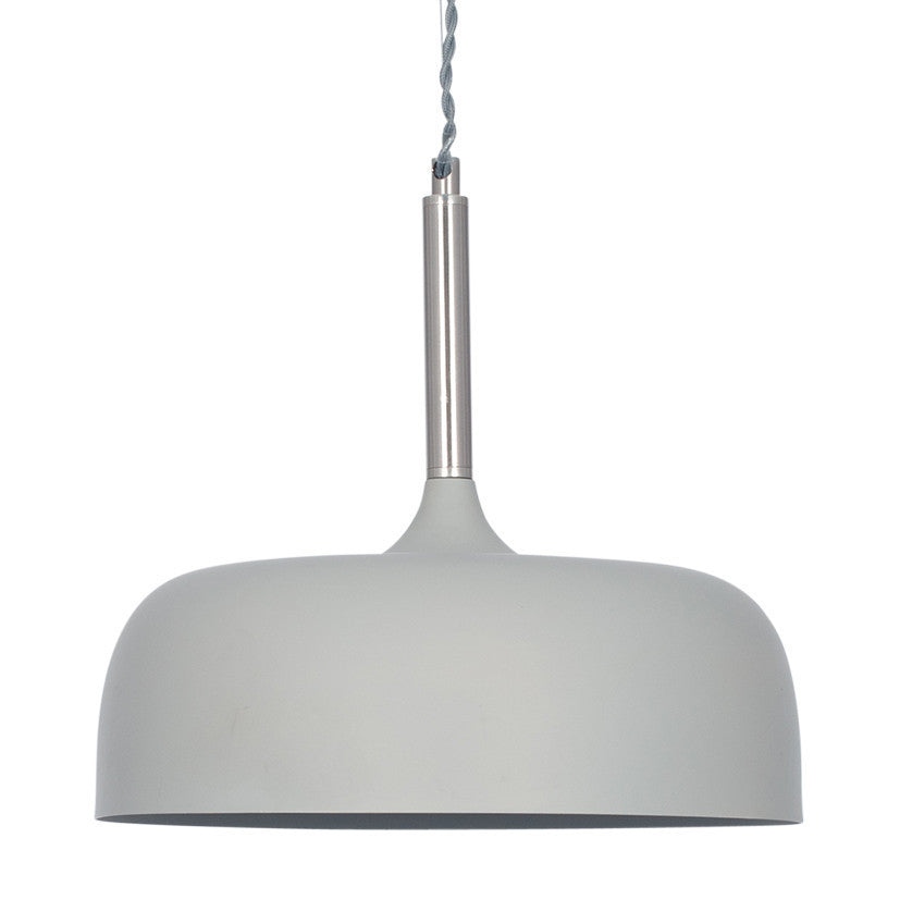 Shop this elegant pendant light featuring a simple yet refined design, with smooth curves and a matt grey finish complemented by chrome metal accents. Shop online now at www.nobleandnook.co.uk
