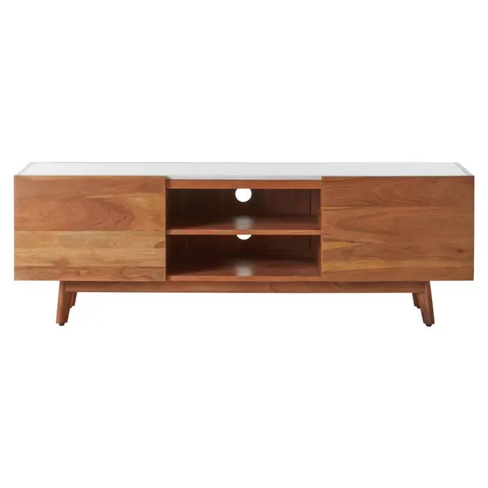 Shop the Myan 2 Door Media Unit with a luxurious white marble top and sustainable acacia wood, this unit is both elegant and eco-friendly. Shop online at www.nobleandnook.co.uk