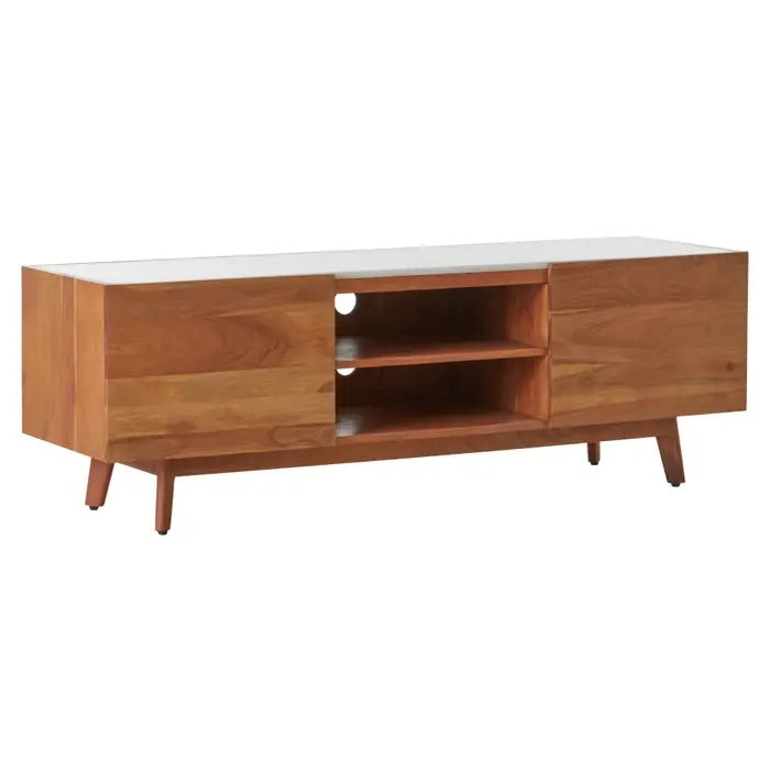 Shop the Myan 2 Door Media Unit with a luxurious white marble top and sustainable acacia wood, this unit is both elegant and eco-friendly. Shop online at www.nobleandnook.co.uk