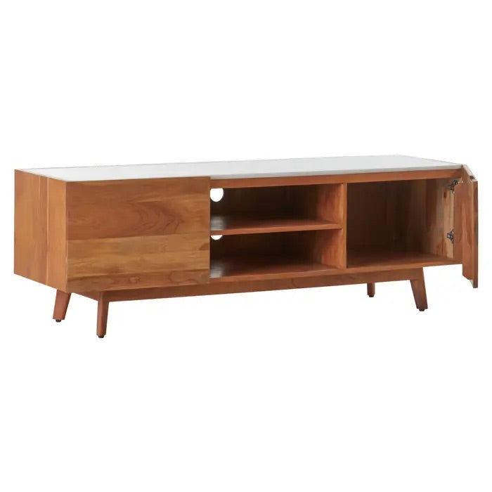 Shop the Myan 2 Door Media Unit with a luxurious white marble top and sustainable acacia wood, this unit is both elegant and eco-friendly. Shop online at www.nobleandnook.co.uk