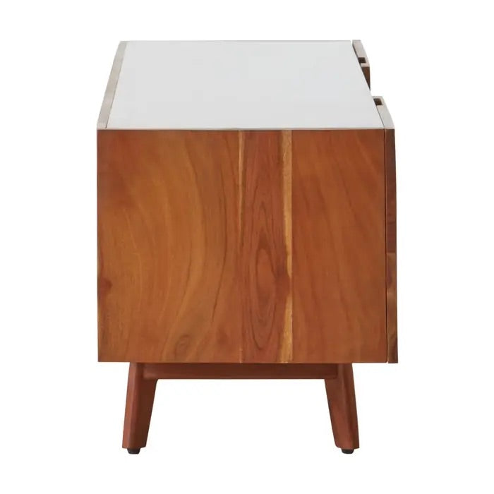 Shop the Myan 2 Door Media Unit with a luxurious white marble top and sustainable acacia wood, this unit is both elegant and eco-friendly. Shop online at www.nobleandnook.co.uk