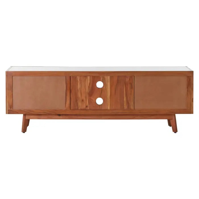 Shop the Myan 2 Door Media Unit with a luxurious white marble top and sustainable acacia wood, this unit is both elegant and eco-friendly. Shop online at www.nobleandnook.co.uk