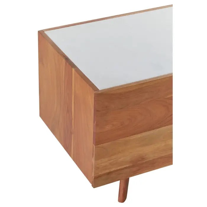 Shop the Myan 2 Door Media Unit with a luxurious white marble top and sustainable acacia wood, this unit is both elegant and eco-friendly. Shop online at www.nobleandnook.co.uk