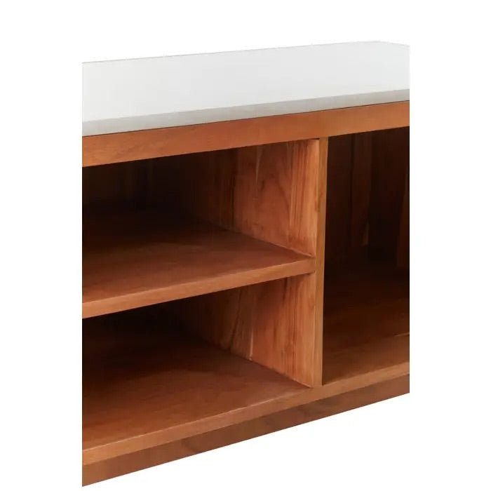 Shop the Myan 2 Door Media Unit with a luxurious white marble top and sustainable acacia wood, this unit is both elegant and eco-friendly. Shop online at www.nobleandnook.co.uk