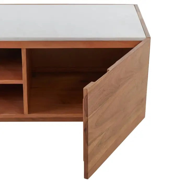 Shop the Myan 2 Door Media Unit with a luxurious white marble top and sustainable acacia wood, this unit is both elegant and eco-friendly. Shop online at www.nobleandnook.co.uk