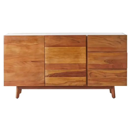 The Myan two drawer sideboard combines sustainable acacia wood with a white marble top, perfect for adding a touch of sophistication to any space. Free UK Mainland Delivery. Shop online today.