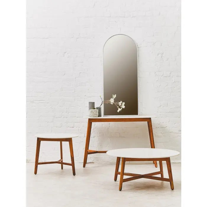 Shop the Myan console table, a perfect blend of modern elegance and sustainability. Combines sustainable acacia wood with a sleek white marble top. Shop online today at Noble & Nook