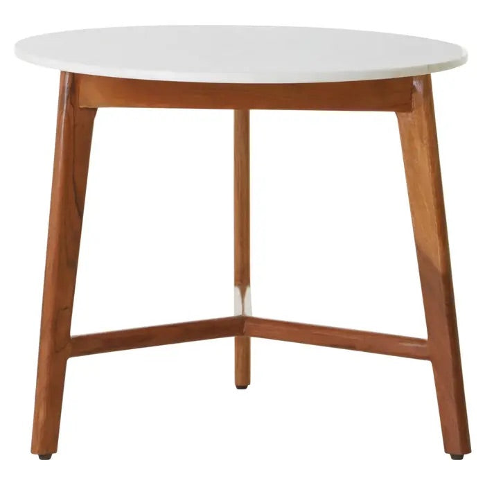 The Myan White Marble Round Side Table, featuring a luxurious white marble top and a sturdy base crafted from durable, eco-friendly acacia wood. Shop online today at Noble & Nook