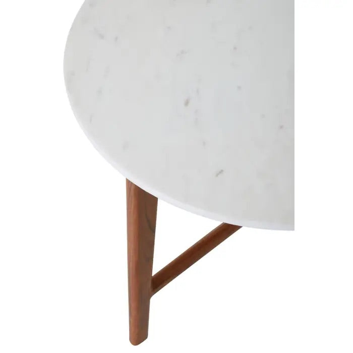 The Myan White Marble Round Side Table, featuring a luxurious white marble top and a sturdy base crafted from durable, eco-friendly acacia wood. Shop online today at Noble & Nook