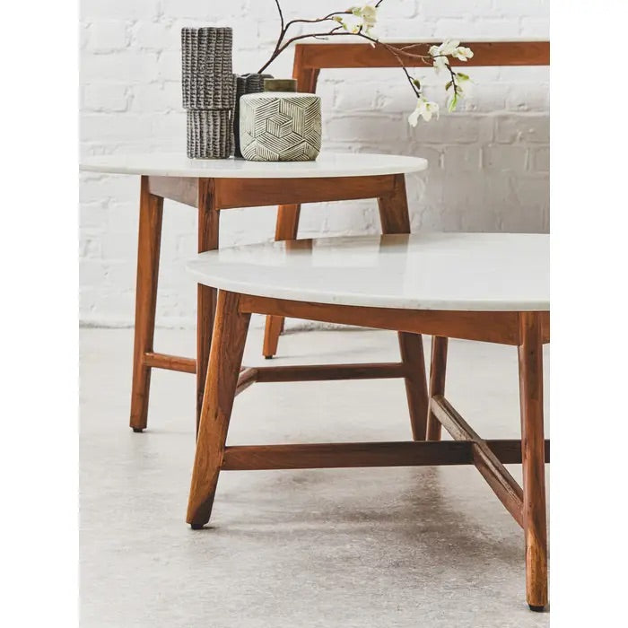 The Myan White Marble Round Side Table, featuring a luxurious white marble top and a sturdy base crafted from durable, eco-friendly acacia wood. Shop online today at Noble & Nook