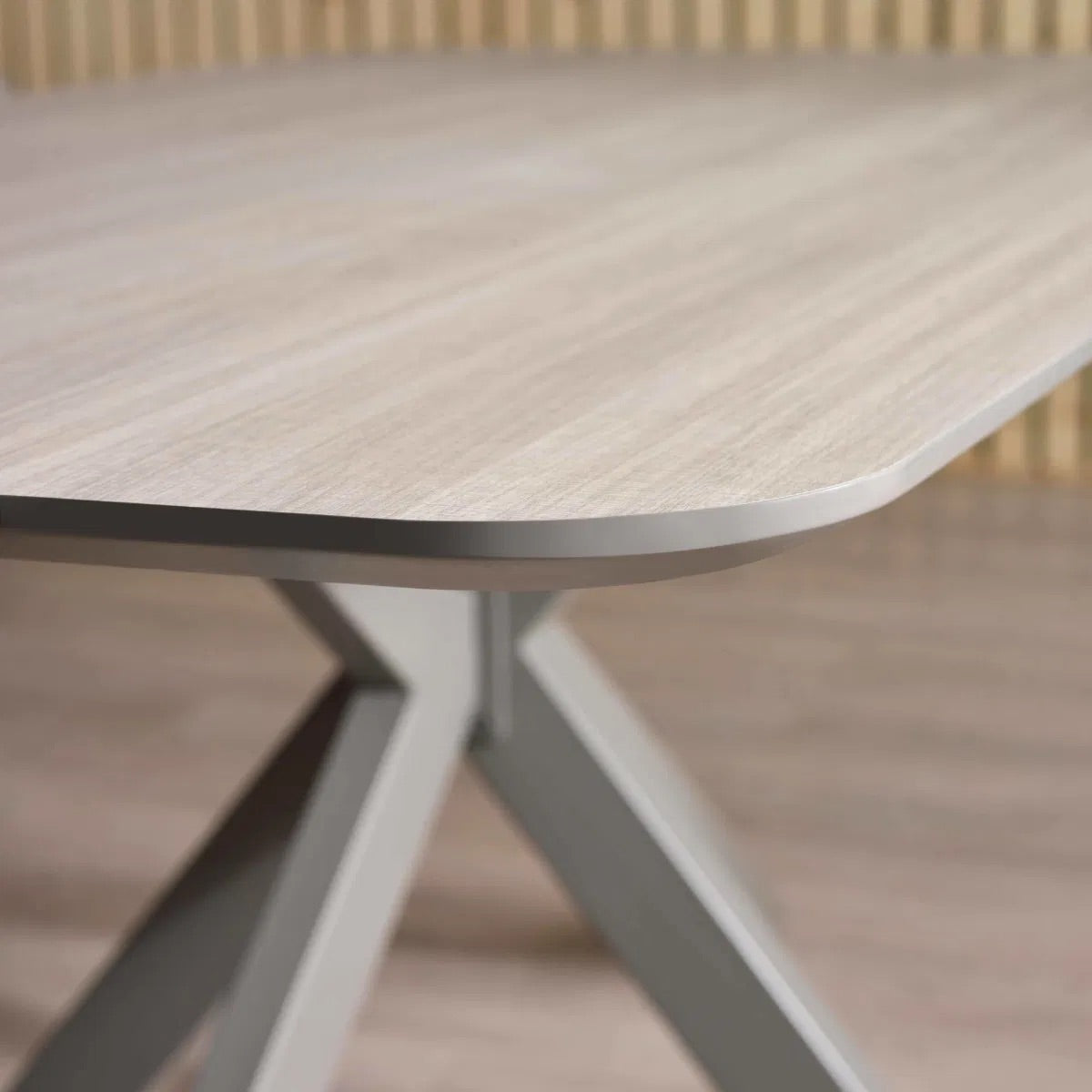 Perfect for family meals, hosting guests, or casual dining, this table features a durable weathered oak-effect laminate top combined solid metal frame. H75 x W160 x D180 cm. Available at www.nobleandnook.co.uk