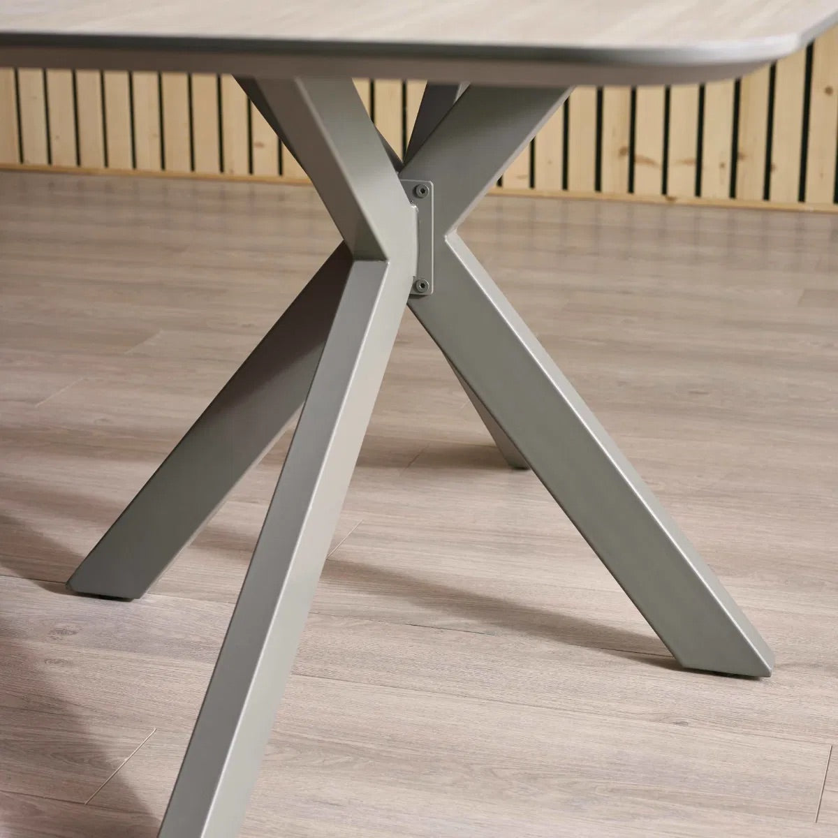 Perfect for family meals, hosting guests, or casual dining, this table features a durable weathered oak-effect laminate top combined solid metal frame. H75 x W160 x D180 cm. Available at www.nobleandnook.co.uk