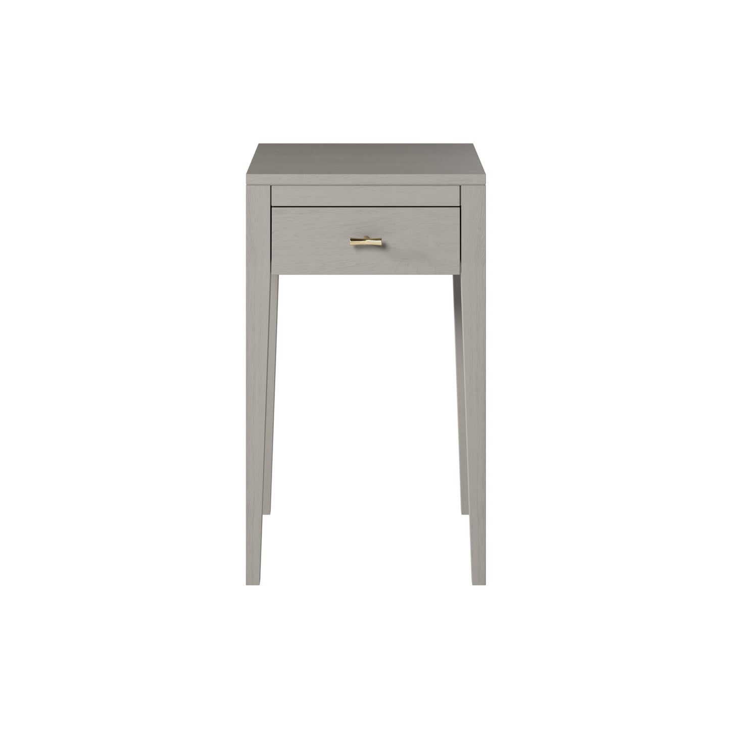 Shop the Radford Bedside Table in grey oak with 1 drawer, visible wood grain and brushed brass bar style handles by D.I. Designs. Shop online now at www.nobleandnook.co.uk