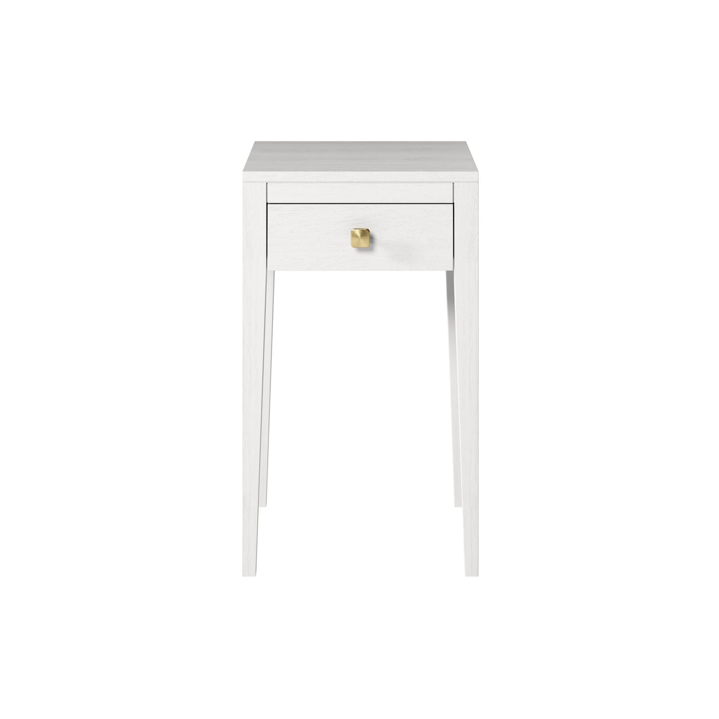 Shop the Radford Bedside Table in white oak, offering 1 drawer, visible grain and brush brass square handle by D.I.Designs. Shop online now at www.nobleandnook.co.uk