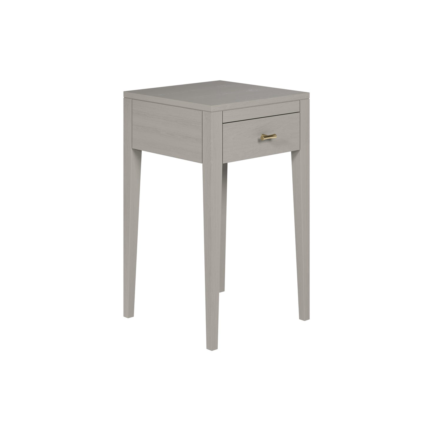 Shop the Radford Bedside Table in grey oak with 1 drawer, visible wood grain and brushed brass bar style handles by D.I. Designs. Shop online now at www.nobleandnook.co.uk
