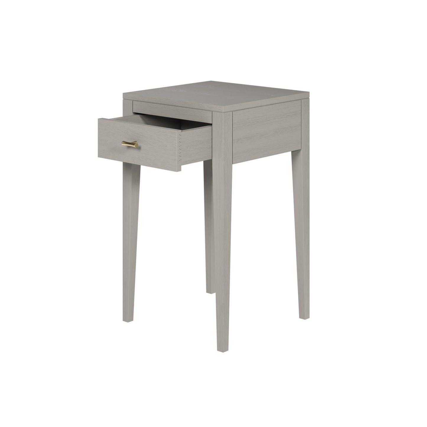 Shop the Radford Bedside Table in grey oak with 1 drawer, visible wood grain and brushed brass bar style handles by D.I. Designs. Shop online now at www.nobleandnook.co.uk