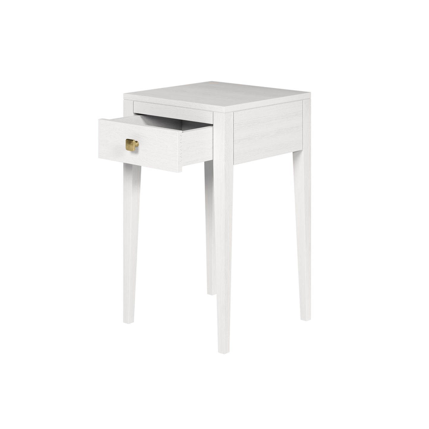Shop the Radford Bedside Table in white oak, offering 1 drawer, visible grain and brush brass square handle by D.I.Designs. Shop online now at www.nobleandnook.co.uk