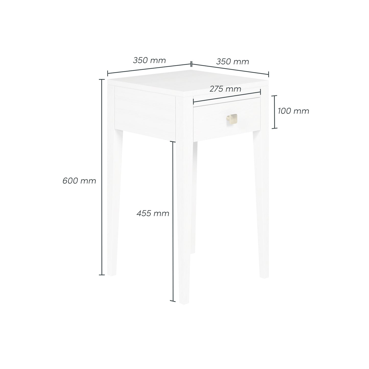 Shop the Radford Bedside Table in white oak, offering 1 drawer, visible grain and brush brass square handle by D.I.Designs. Shop online now at www.nobleandnook.co.uk