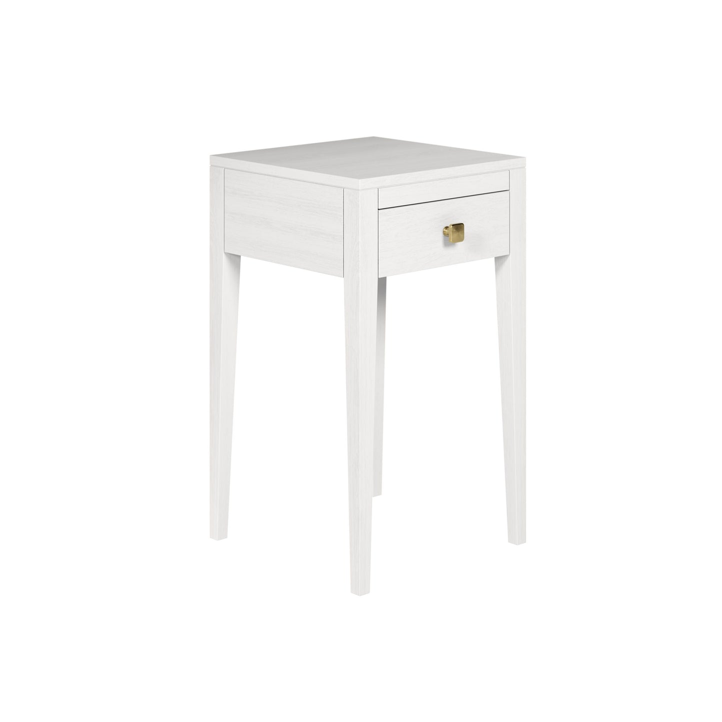 Shop the Radford Bedside Table in white oak, offering 1 drawer, visible grain and brush brass square handle by D.I.Designs. Shop online now at www.nobleandnook.co.uk